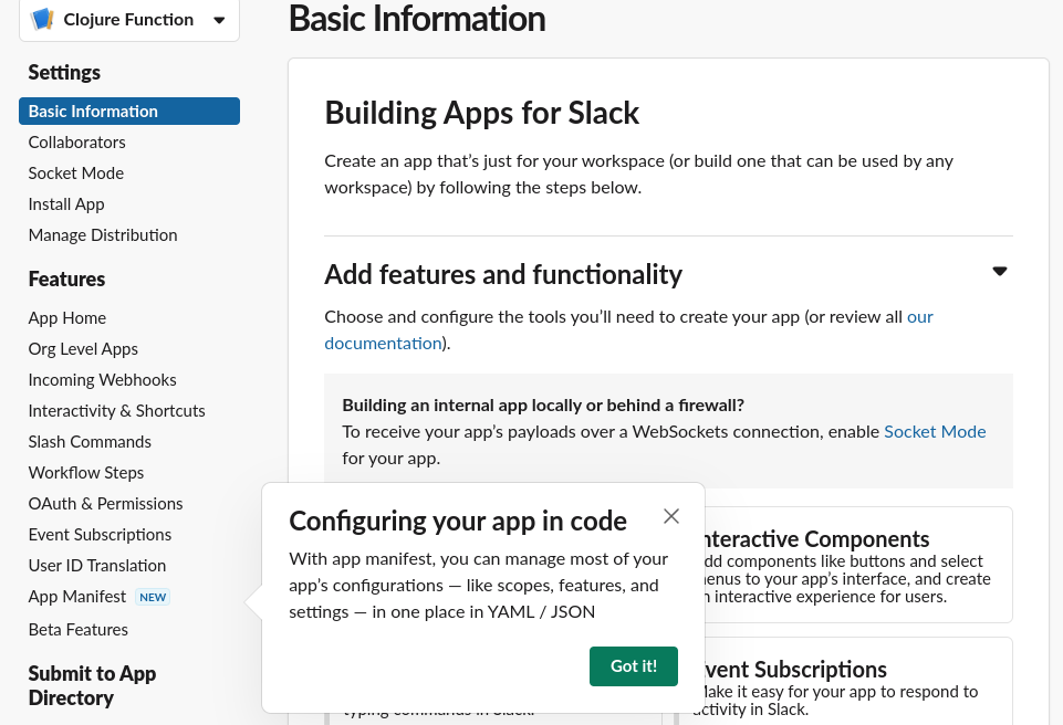 Slack Web UI - new slack app basic information